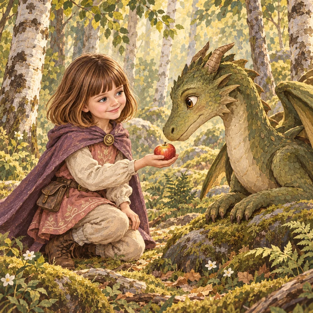 Emma, con media melena castaña y flequillo, ofrece una manzana a un dragón verde y simpático en el bosque.