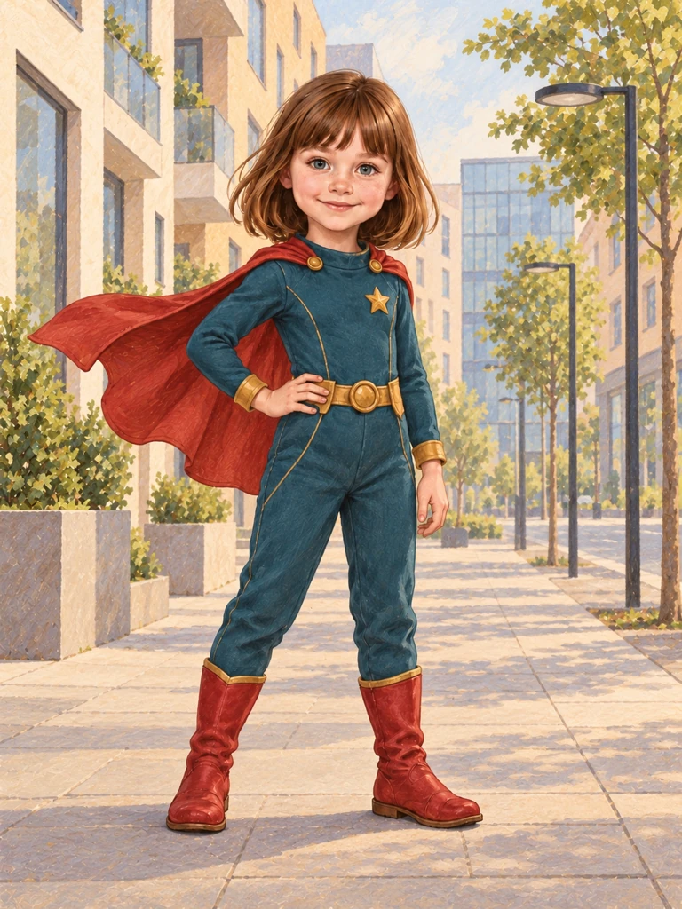 Emma como superheroína con traje verde azulado y capa roja en una calle moderna de ciudad