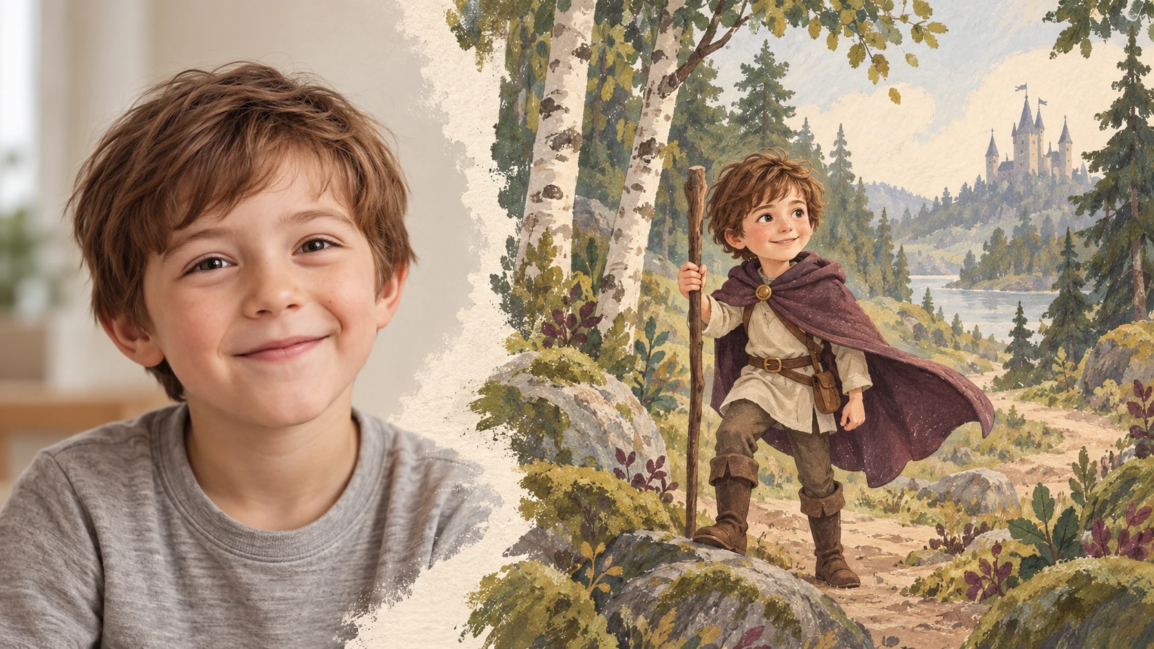 Foto de un niño que se convierte en un libro infantil personalizado con ilustraciones creadas con IA